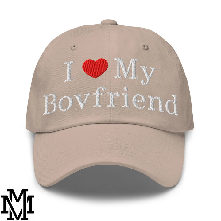 I Love My Boyfriend Heart Embroidered Unstructured Dad Hat - Stone