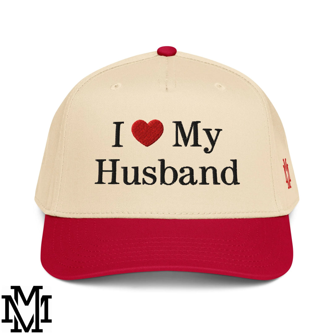 I Love My Husband Heart Embroidered Baseball Snapback Hat - Red Natural