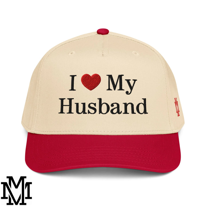 I Love My Husband Heart Embroidered Baseball Snapback Hat - Red Natural