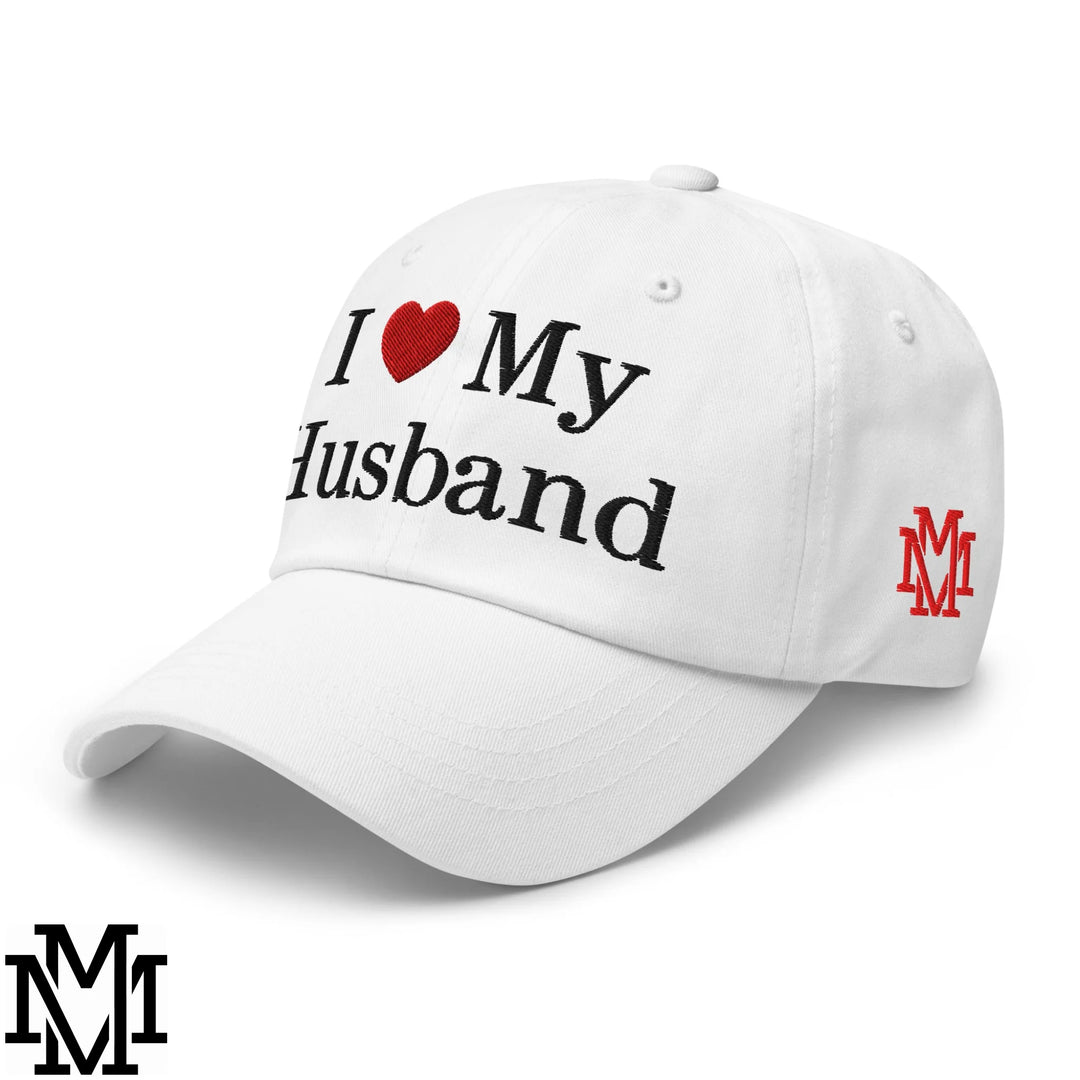 I Love My Husband Heart Embroidered Unstructured Dad Hat - White