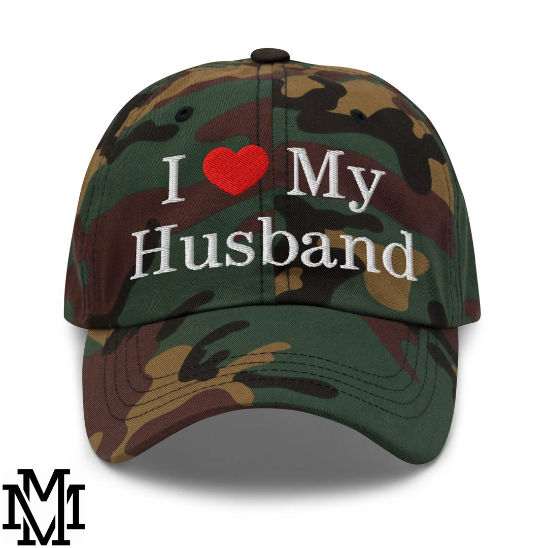 I Love My Husband Heart Embroidered Unstructured Dad Hat - Green Camo