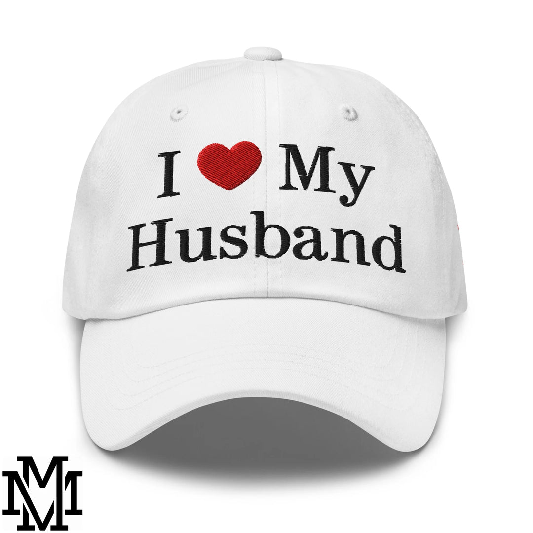 I Love My Husband Heart Embroidered Unstructured Dad Hat - White
