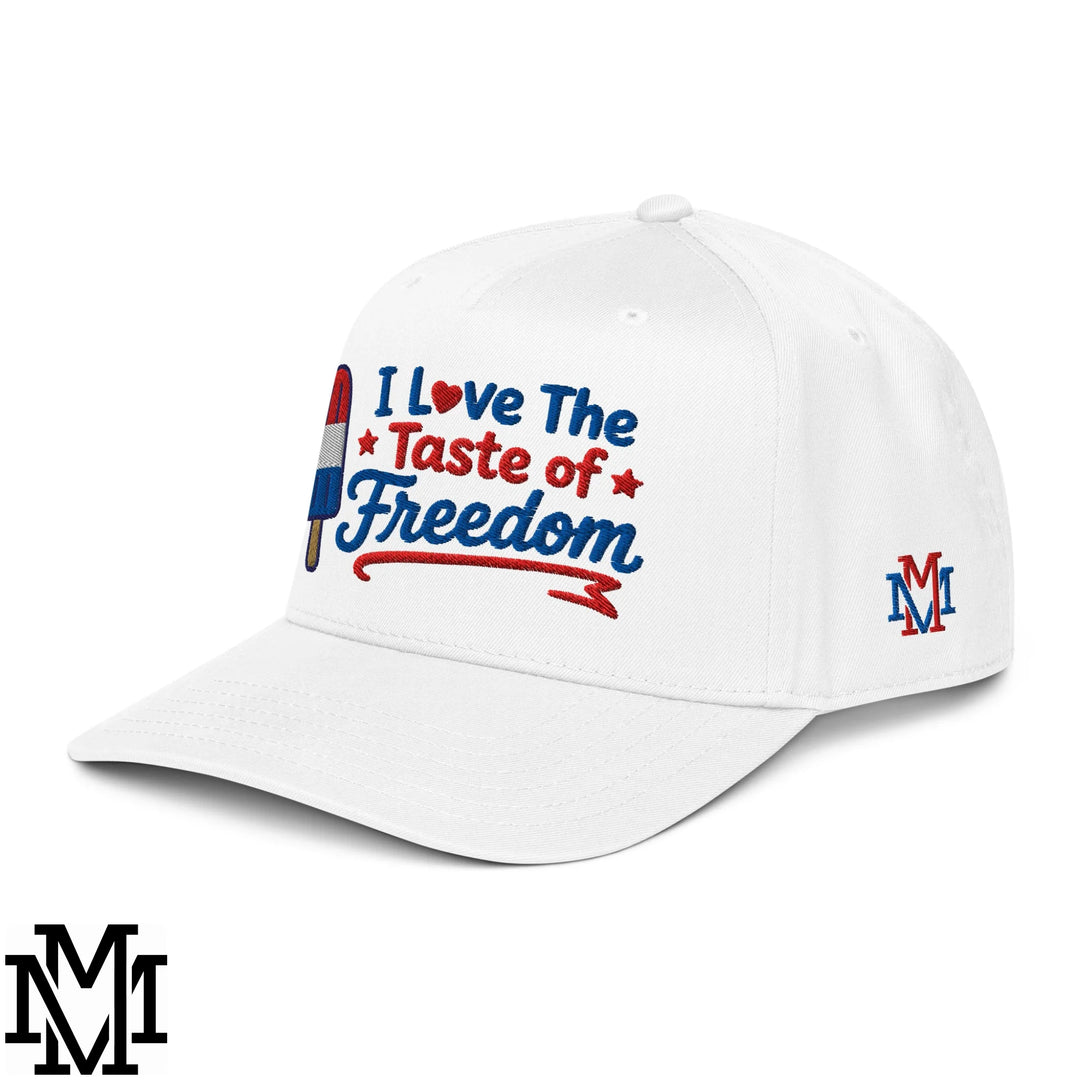 White baseball snapback hat with embroidered i love the taste of freedom text and patriotic popsicle graphic