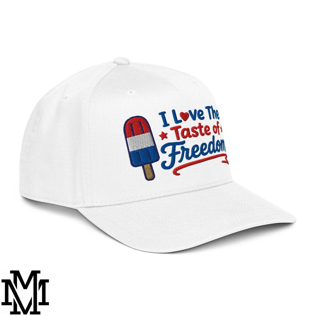 White baseball snapback hat with embroidered red white and blue popsicle and i love the taste of freedom text