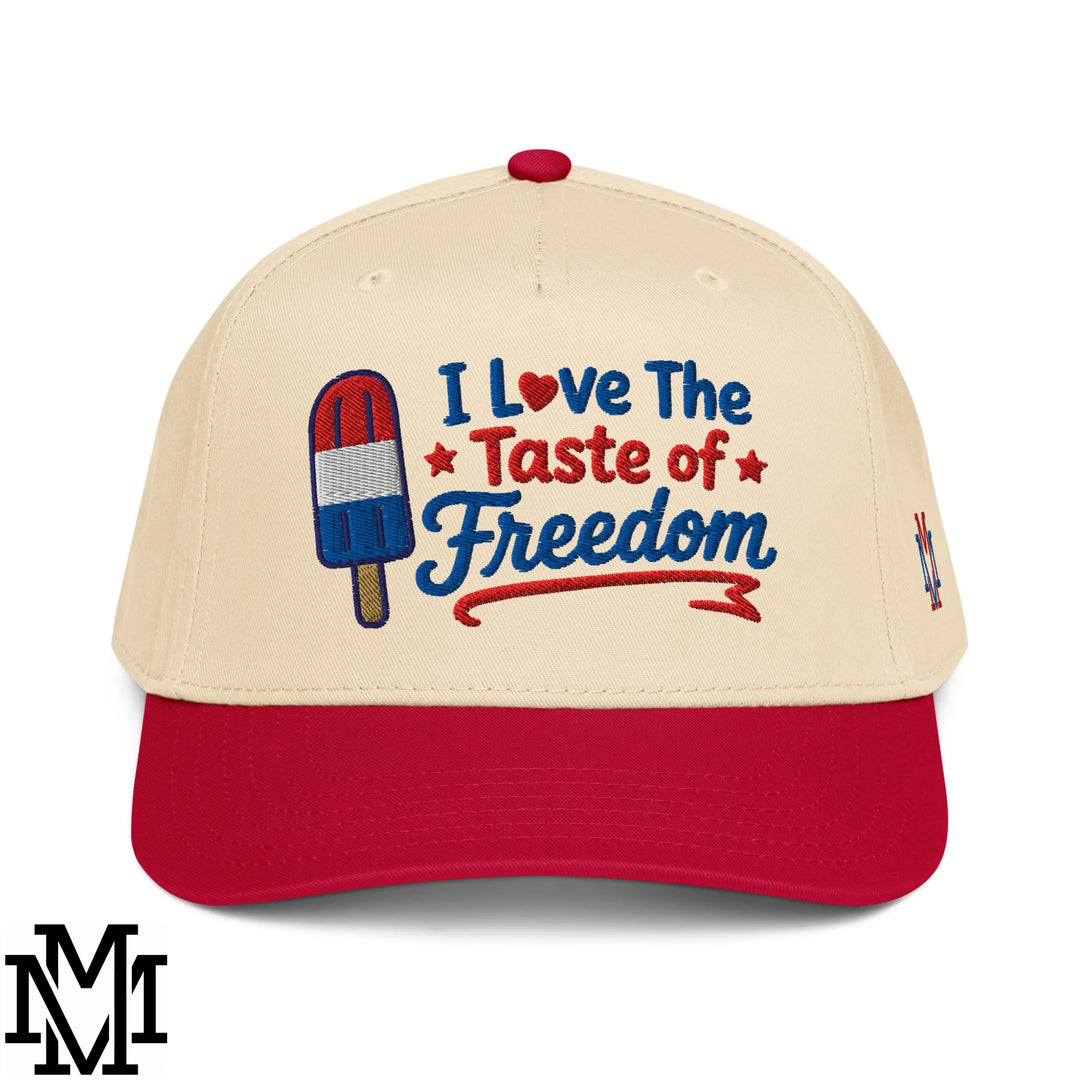 Beige and red baseball snapback hat with embroidered patriotic popsicle and i love the taste of freedom text