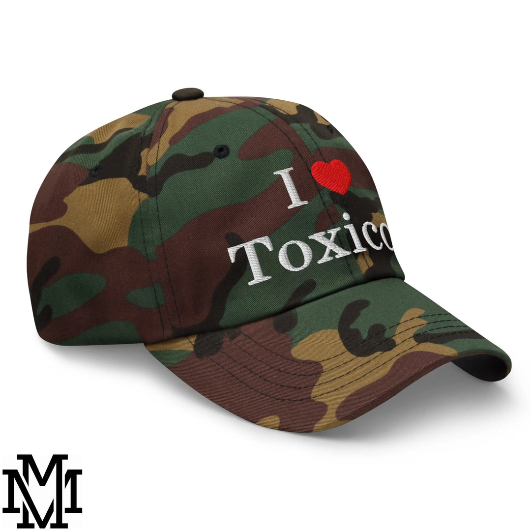 I Love Toxicos Heart Embroidered Unstructured Dad Hat - Green Camo