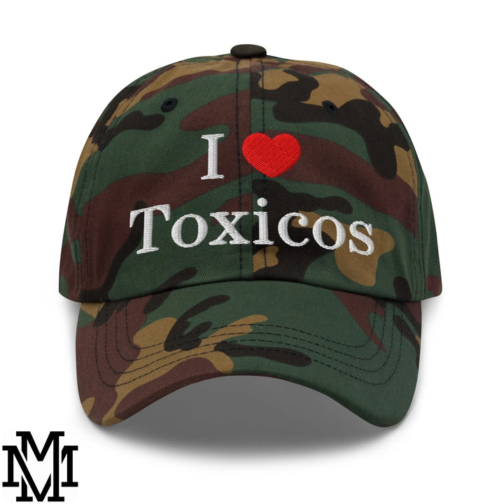 I Love Toxicos Heart Embroidered Unstructured Dad Hat - Green Camo