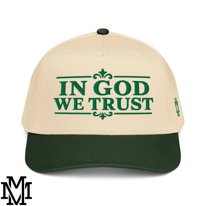 In God We Trust Embroidered Baseball Snapback Hat - Dark Green Natural