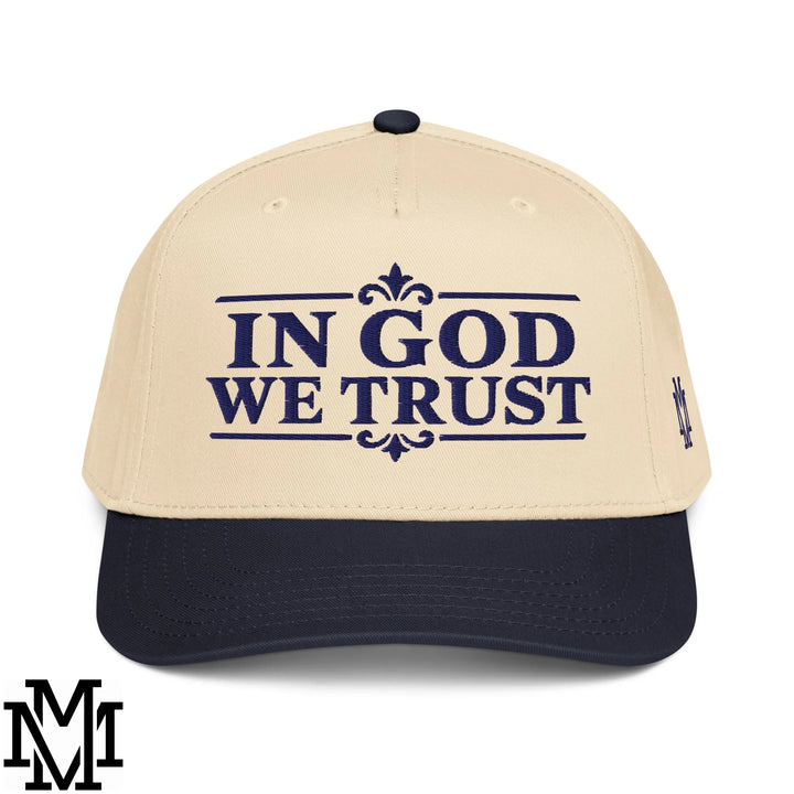 In God We Trust Embroidered Baseball Snapback Hat - Navy Natural