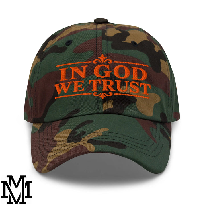 In God We Trust Embroidered Unstructured Dad Hat - Green Camo