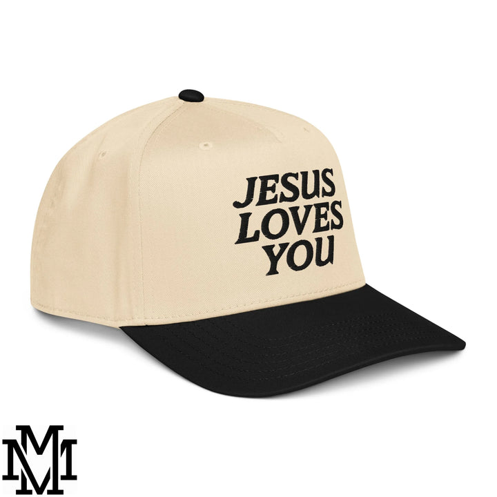 Jesus Loves You Embroidered Baseball Snapback Hat - Black Natural
