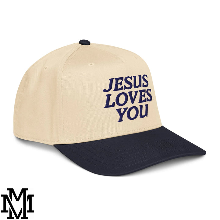 Jesus Loves You Embroidered Baseball Snapback Hat - Navy Natural