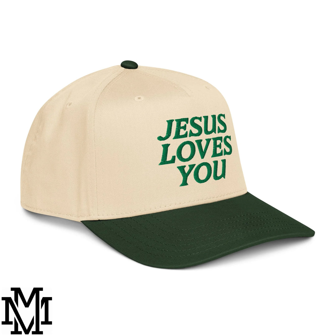 Jesus Loves You Embroidered Baseball Snapback Hat - Dark Green Natural