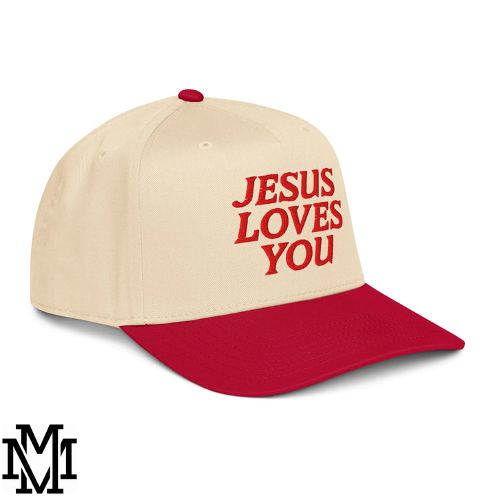 Jesus Loves You Embroidered Baseball Snapback Hat - Red Natural
