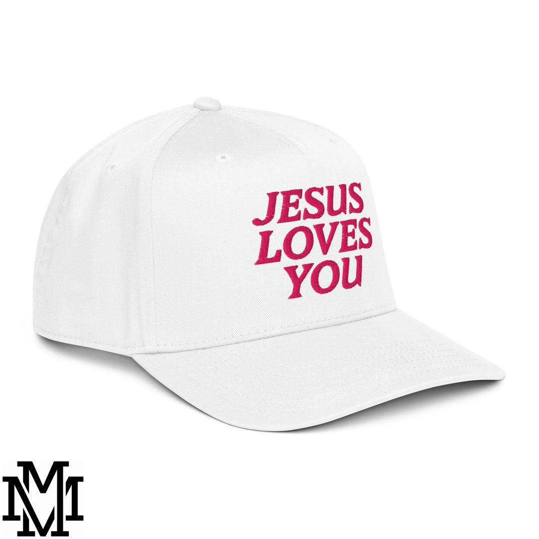 Jesus Loves You Embroidered Baseball Snapback Hat - White
