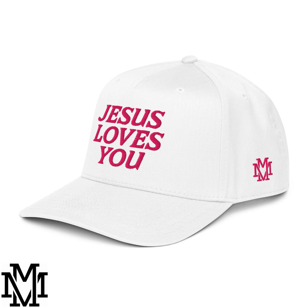 Jesus Loves You Embroidered Baseball Snapback Hat - White