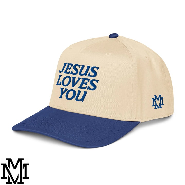 Jesus Loves You Embroidered Baseball Snapback Hat - Royal Natural
