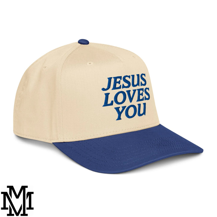 Jesus Loves You Embroidered Baseball Snapback Hat - Royal Natural