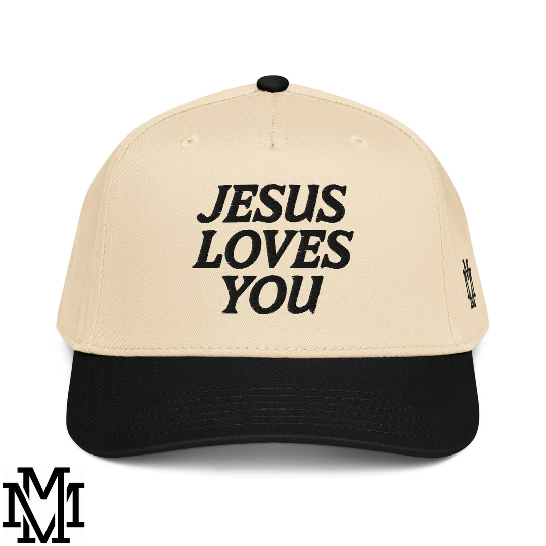 Jesus Loves You Embroidered Baseball Snapback Hat - Black Natural