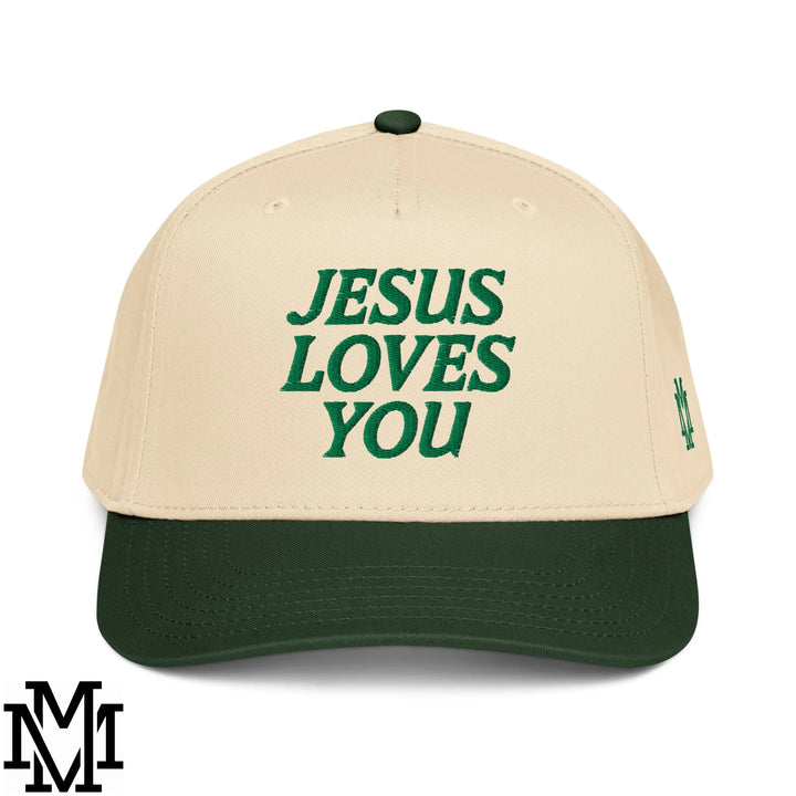 Jesus Loves You Embroidered Baseball Snapback Hat - Dark Green Natural