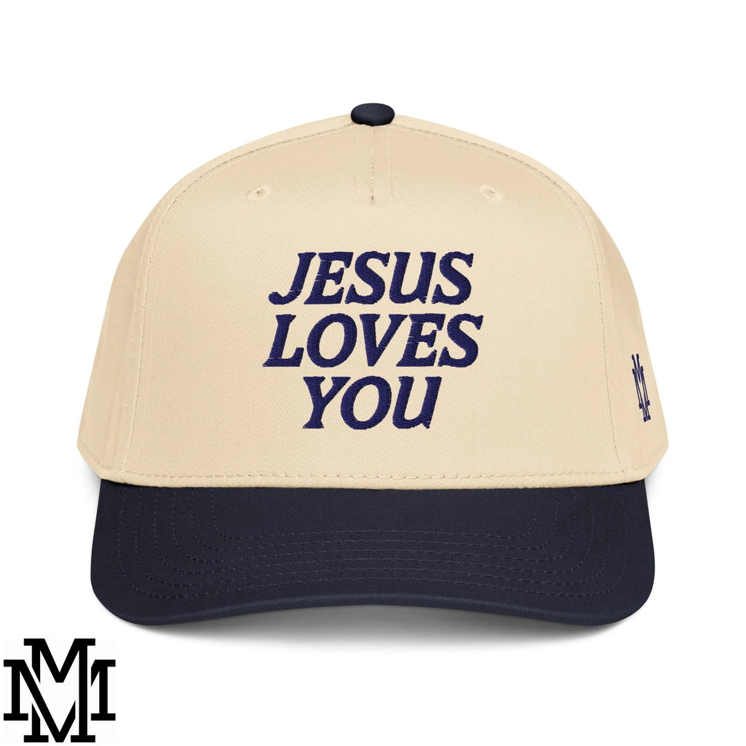 Jesus Loves You Embroidered Baseball Snapback Hat - Navy Natural