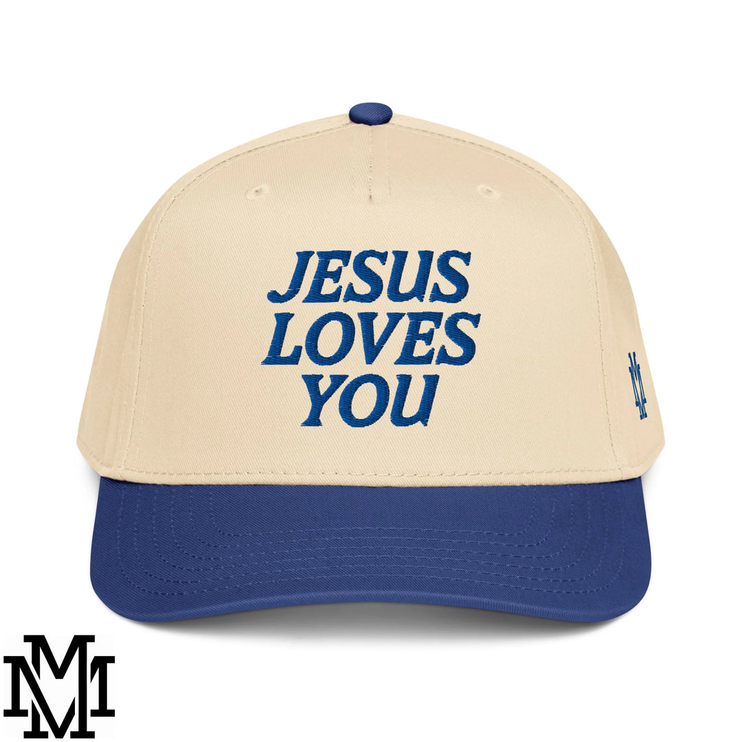 Jesus Loves You Embroidered Baseball Snapback Hat - Royal Natural