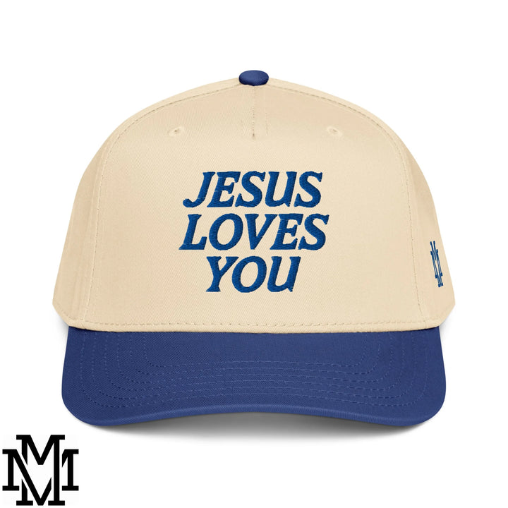 Jesus Loves You Embroidered Baseball Snapback Hat - Royal Natural