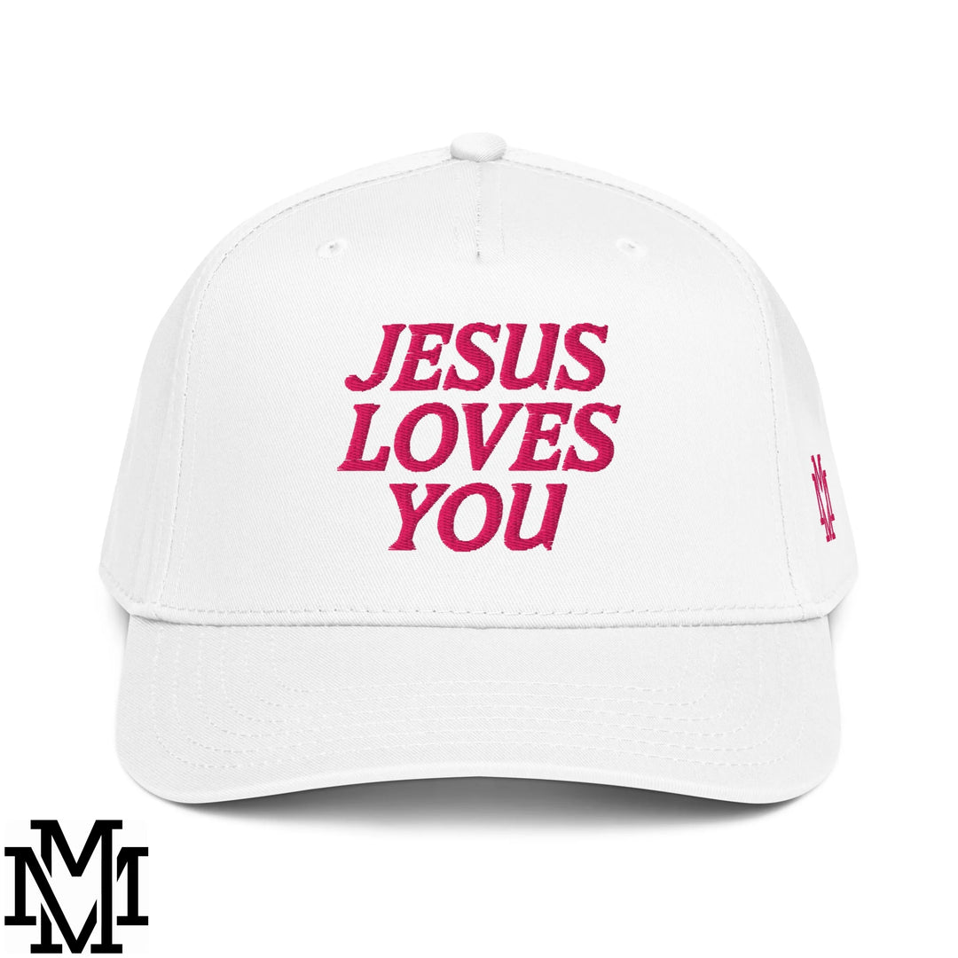 Jesus Loves You Embroidered Baseball Snapback Hat - White