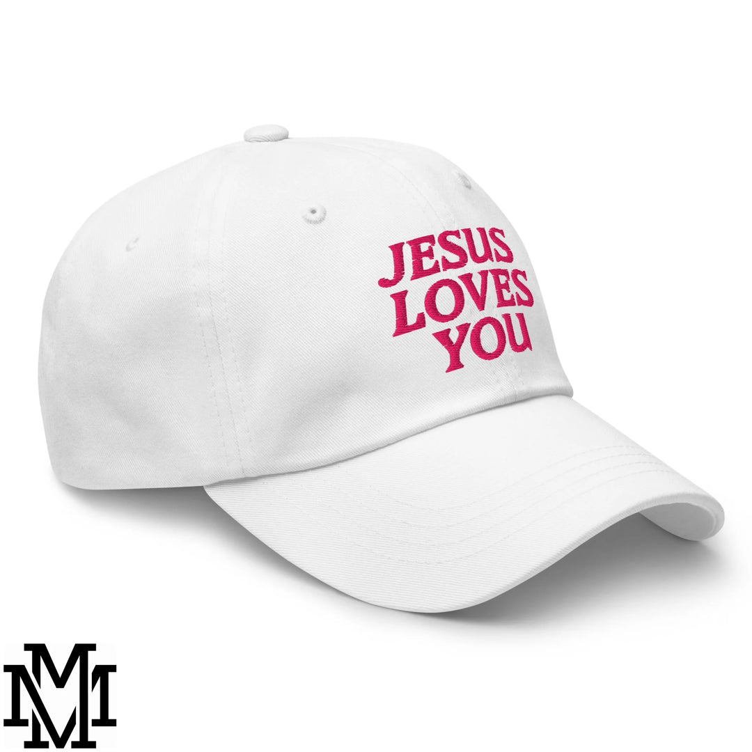 Jesus Loves You Embroidered Unstructured Dad Hat - White
