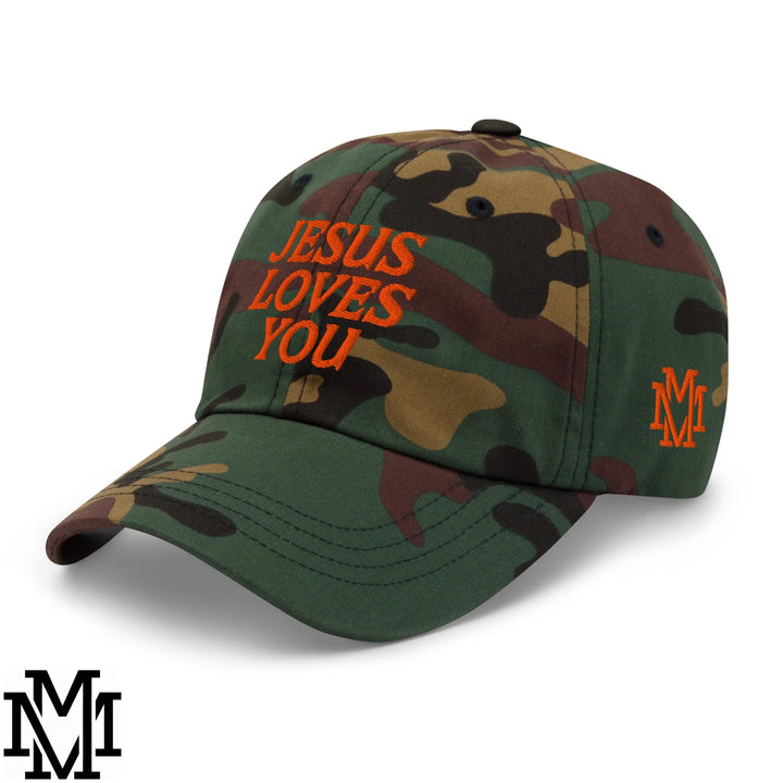 Jesus Loves You Embroidered Unstructured Dad Hat - Green Camo