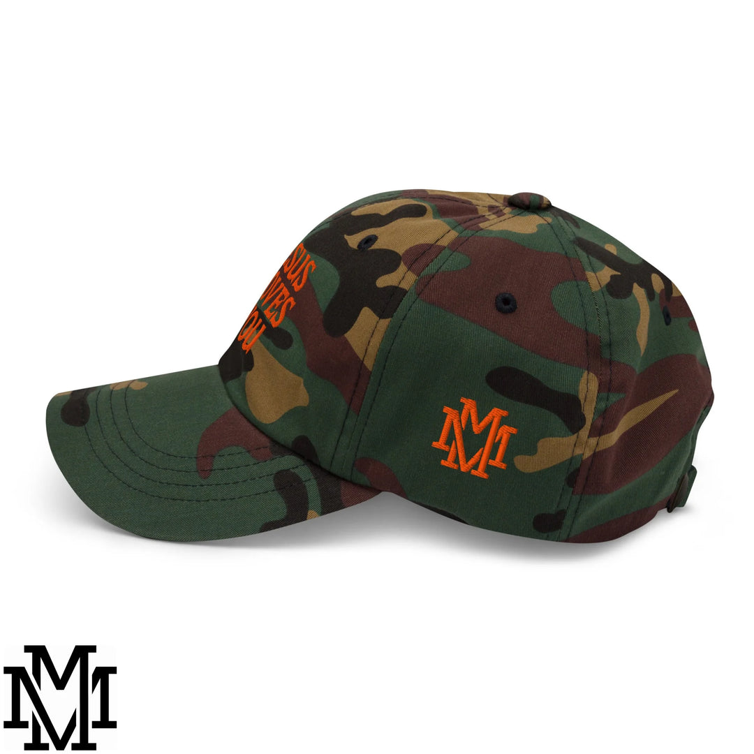 Jesus Loves You Embroidered Unstructured Dad Hat - Green Camo