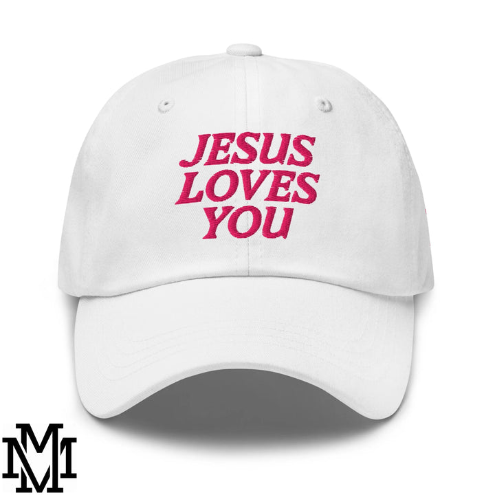 Jesus Loves You Embroidered Unstructured Dad Hat - White
