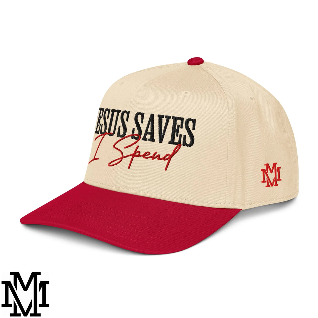 Jesus Saves I Spend Embroidered Baseball Snapback Hat - Red Natural