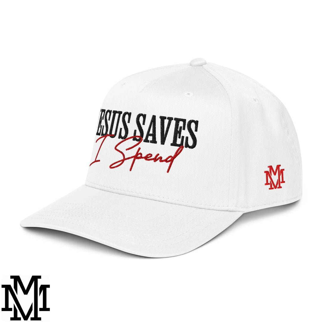 Jesus Saves I Spend Embroidered Baseball Snapback Hat - White