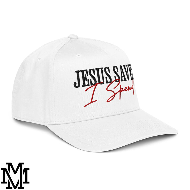 Jesus Saves I Spend Embroidered Baseball Snapback Hat - White