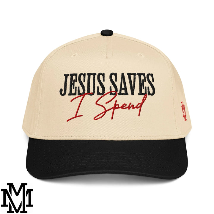 Jesus Saves I Spend Embroidered Baseball Snapback Hat - Black Natural