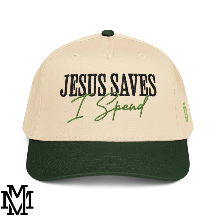Jesus Saves I Spend Embroidered Baseball Snapback Hat - Dark Green Natural