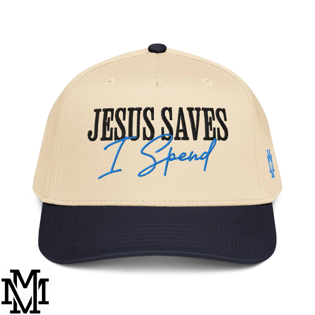 Jesus Saves I Spend Embroidered Baseball Snapback Hat - Navy Natural
