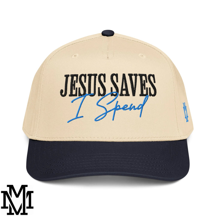 Jesus Saves I Spend Embroidered Baseball Snapback Hat - Navy Natural