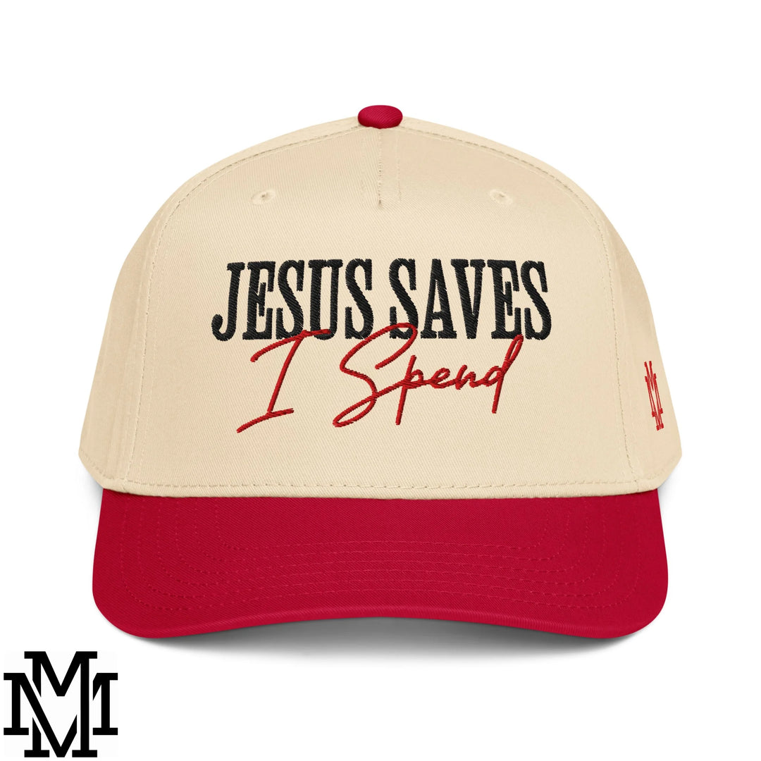 Jesus Saves I Spend Embroidered Baseball Snapback Hat - Red Natural