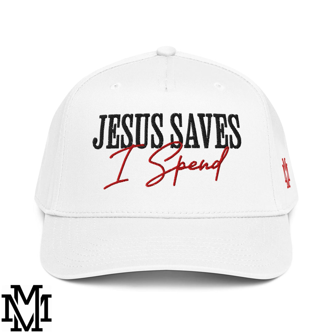 Jesus Saves I Spend Embroidered Baseball Snapback Hat - White