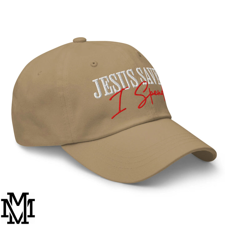 Jesus Saves I Spend Embroidered Unstructured Dad Hat - Khaki