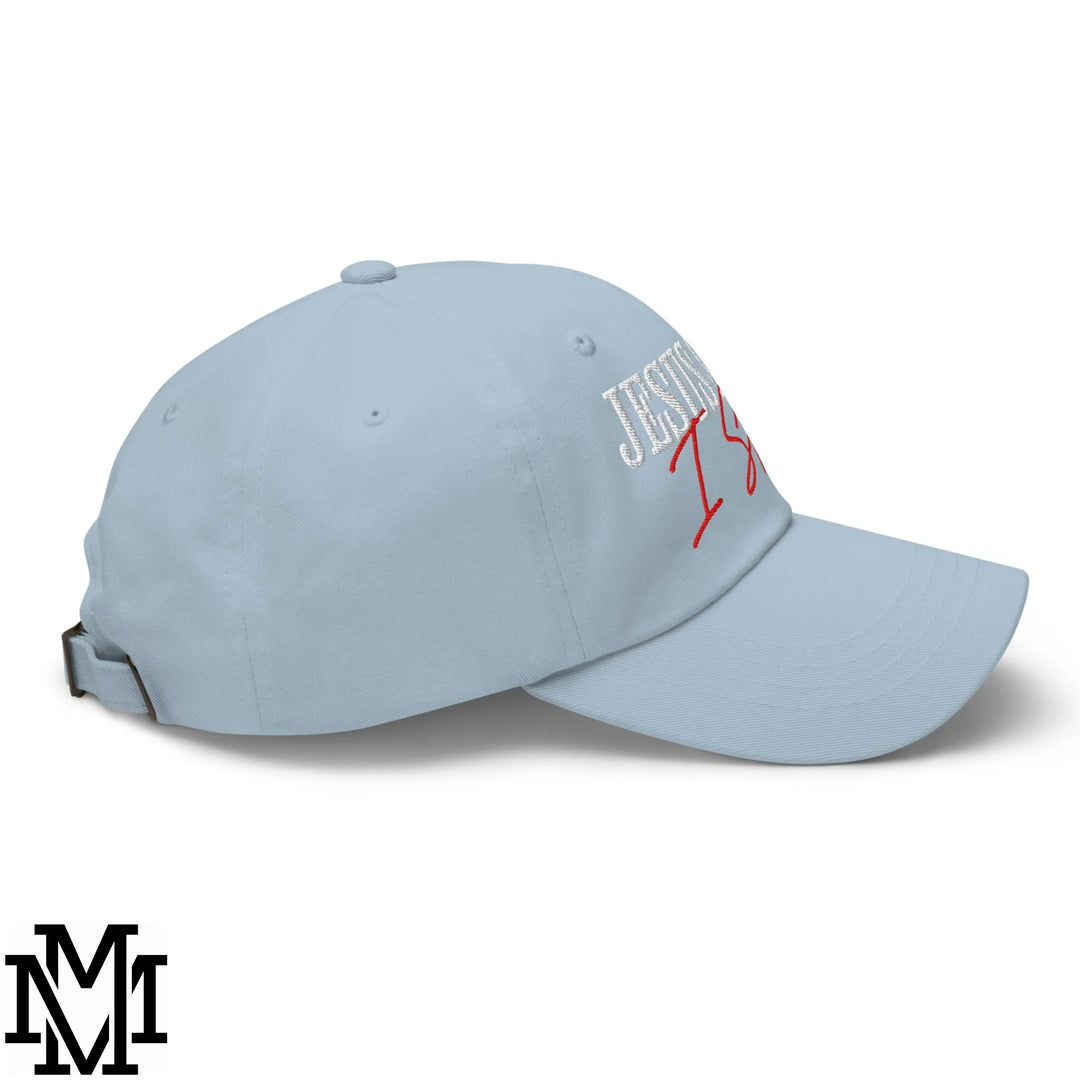 Jesus Saves I Spend Embroidered Unstructured Dad Hat - Light Blue