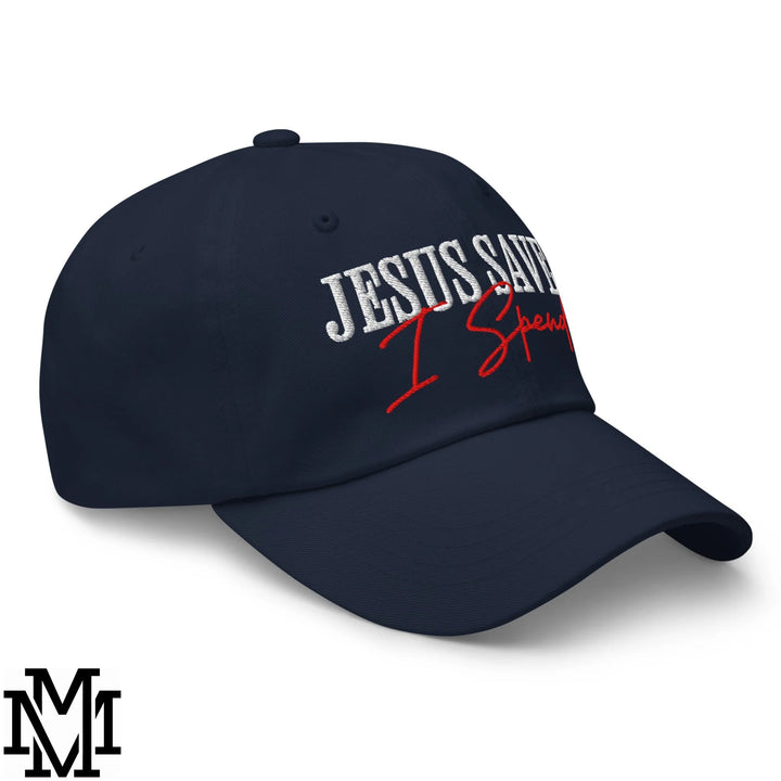 Jesus Saves I Spend Embroidered Unstructured Dad Hat - Navy