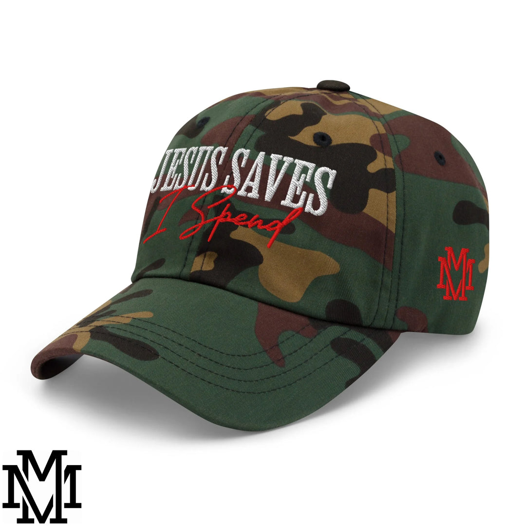 Jesus Saves I Spend Embroidered Unstructured Dad Hat - Green Camo