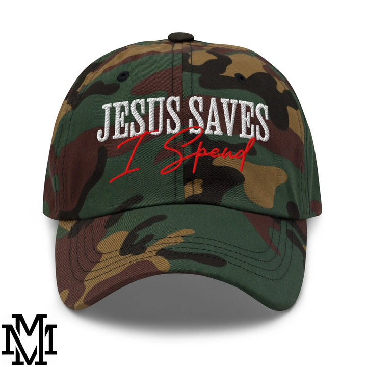 Jesus Saves I Spend Embroidered Unstructured Dad Hat - Green Camo