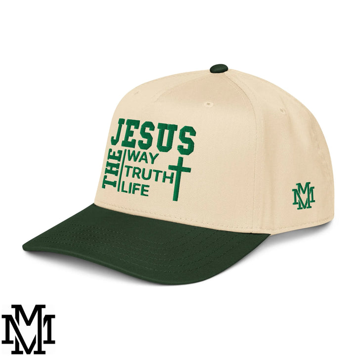 Jesus The Way The Truth The Life Embroidered Baseball Snapback Hat - Dark Green Natural