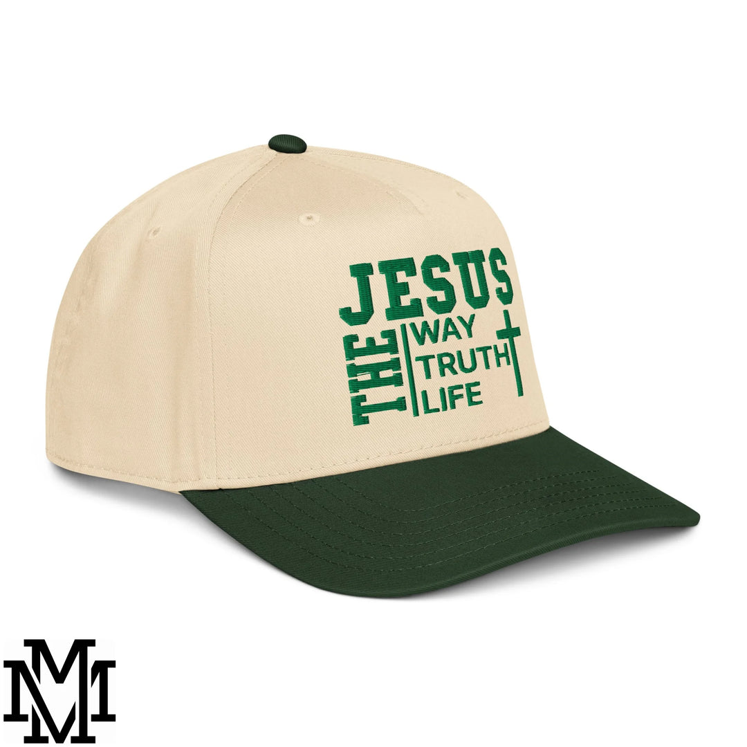 Jesus The Way The Truth The Life Embroidered Baseball Snapback Hat - Dark Green Natural