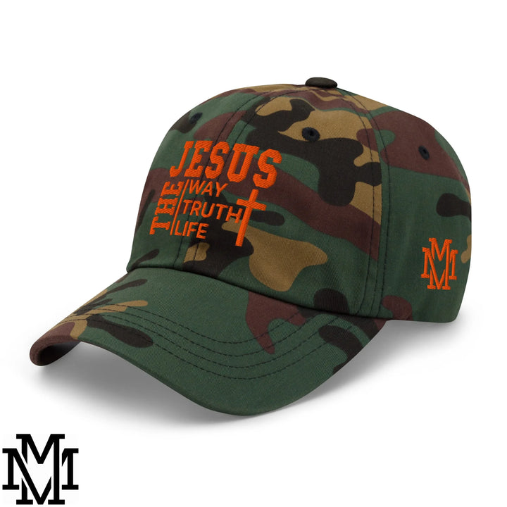 Jesus The Way The Truth The Life Embroidered Unstructured Dad Hat - Green Camo