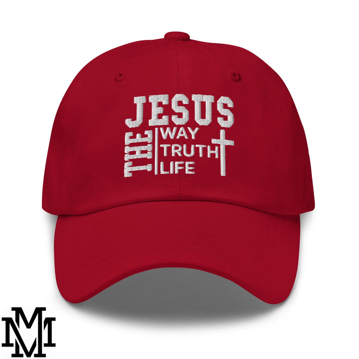 Jesus The Way The Truth The Life Embroidered Unstructured Dad Hat - Cranberry